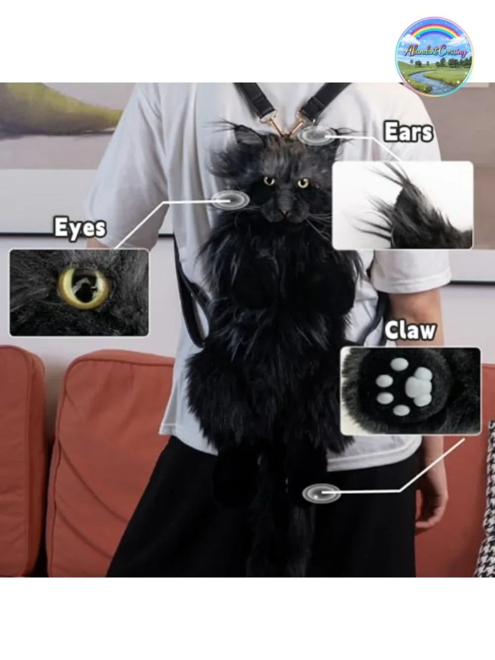 Realistic Black Cat Plush Backpack, Soft Stuffed Animal Handbag with Adjustable